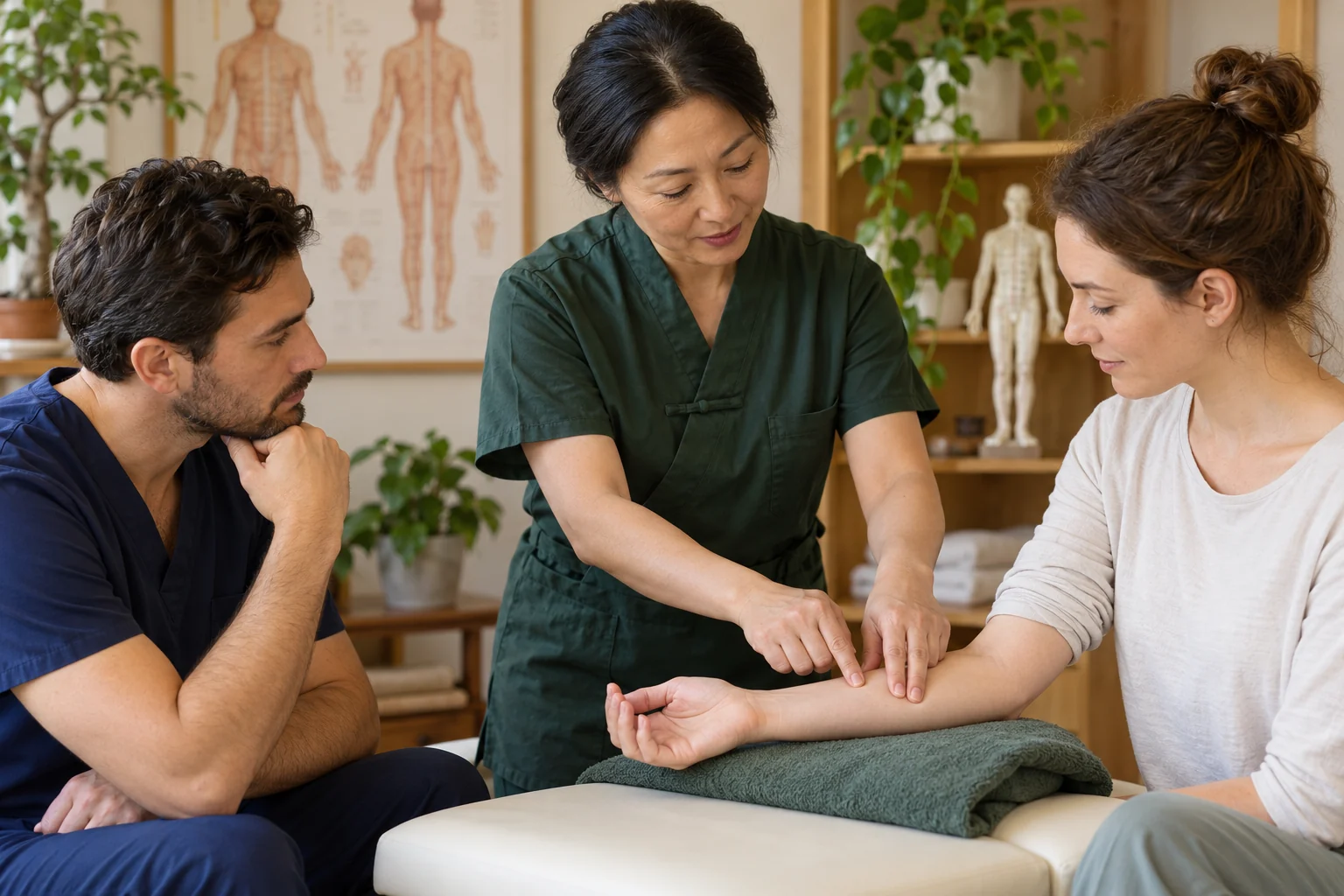 Illustrative acupressure lesson focused on an adult learner’s forearm