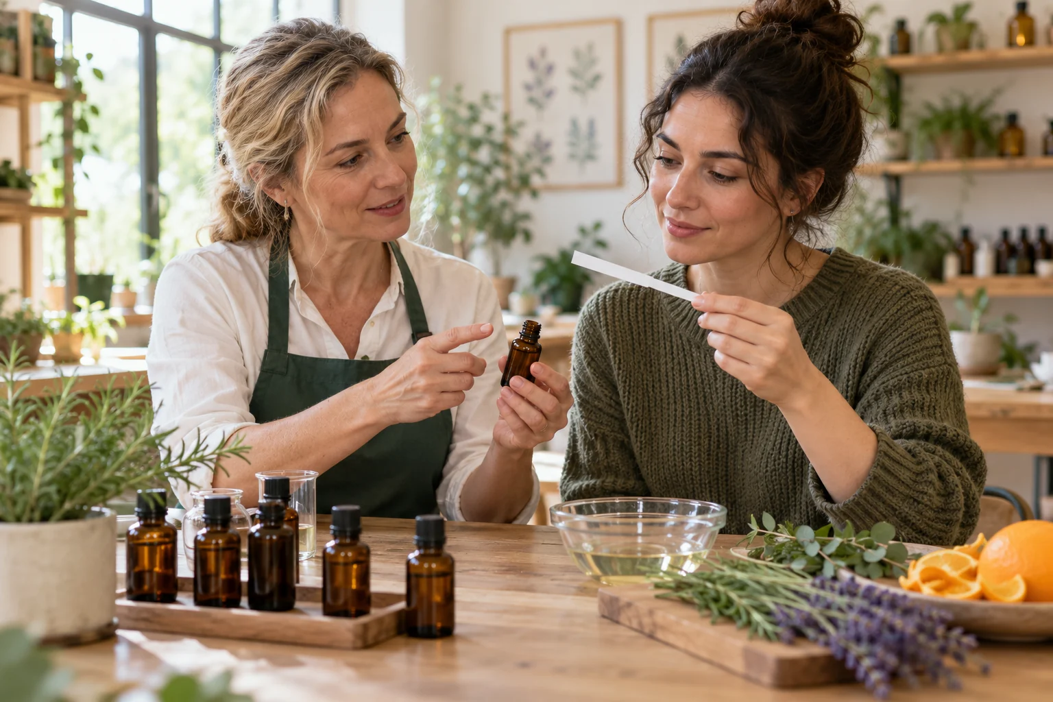 Illustrative aromatherapy lesson with amber bottles, scent strips and botanicals