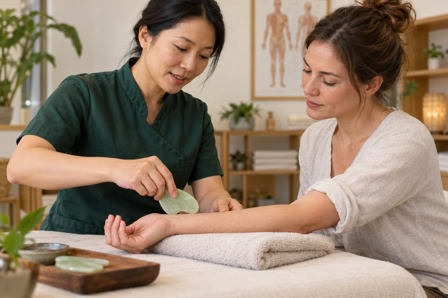 Illustrative gua sha tool demonstration on an adult learner’s forearm
