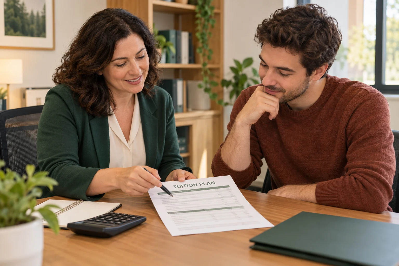 Illustrative adviser and adult student reviewing a tuition plan with a calculator