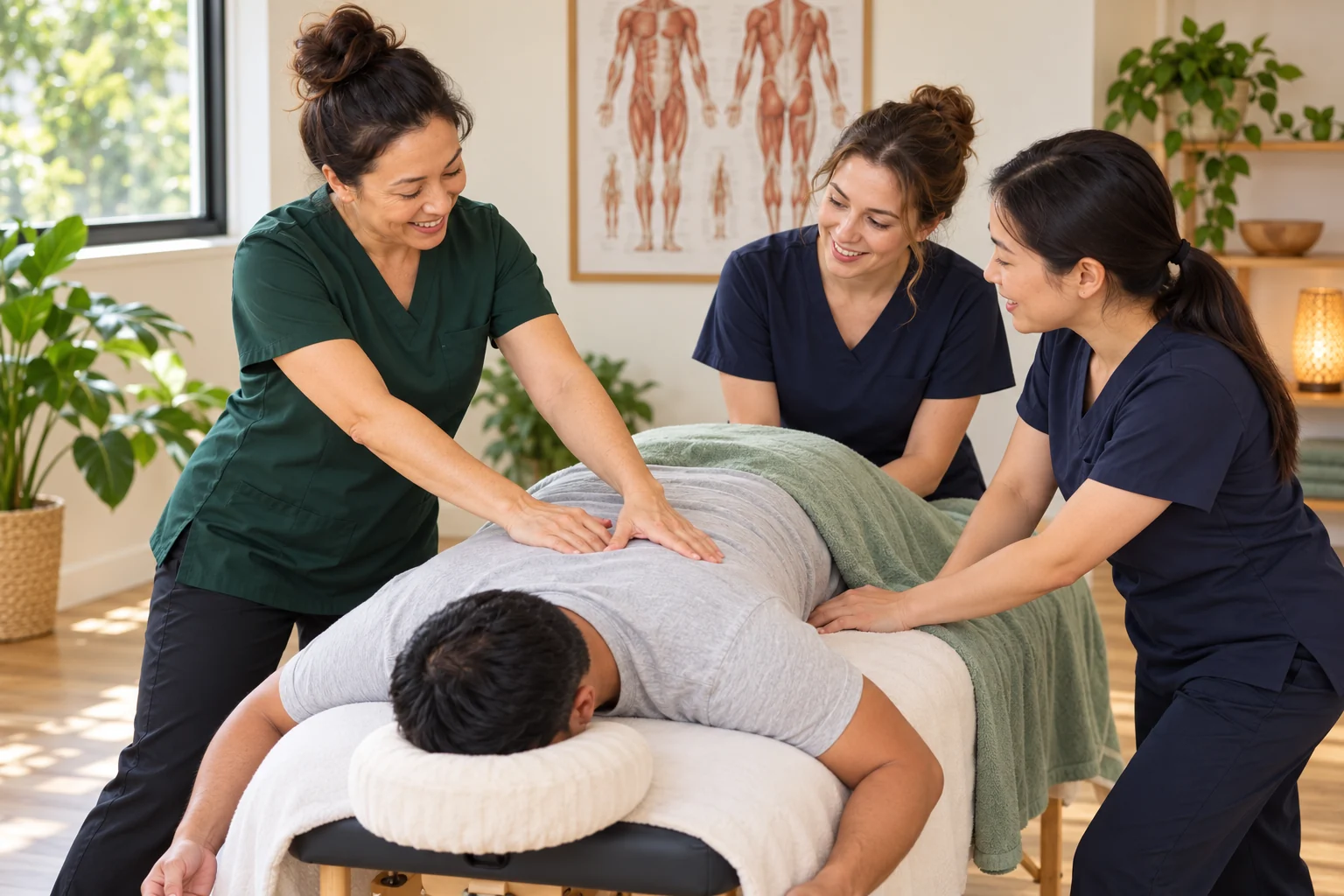 Illustrative instructor demonstrating table massage to adult students